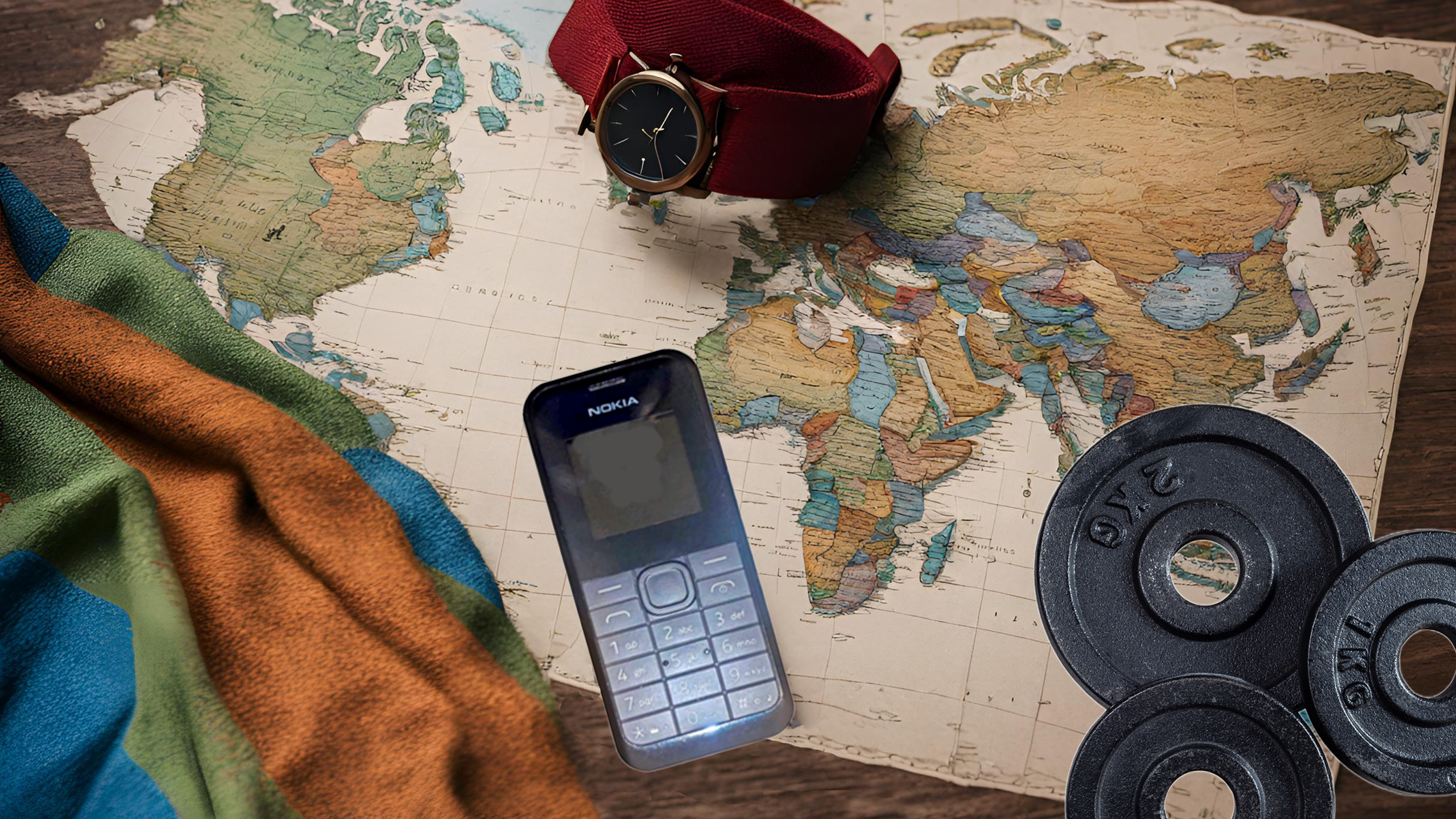 an image showing a map, cell phone, wristwatch, dumbbell and a blanket